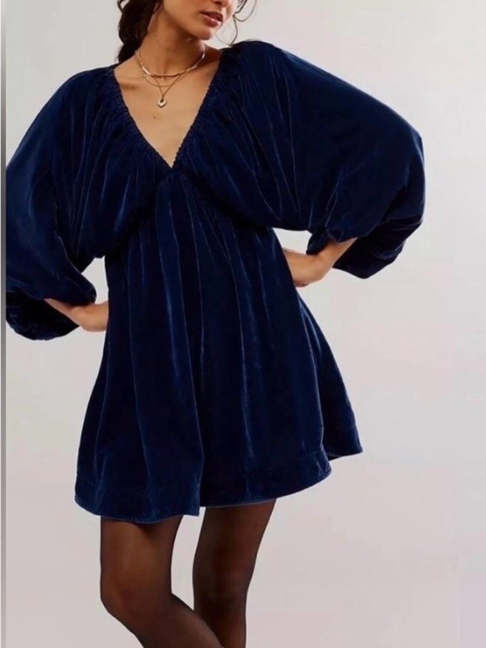 Free People Navy Velvet V-Neck Mini Dress